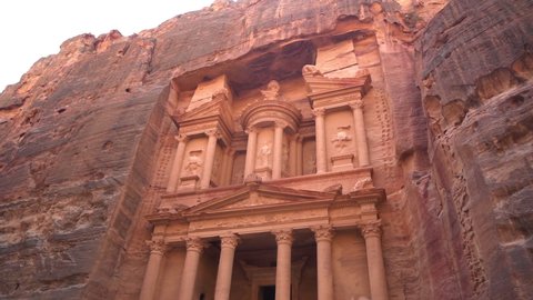 Petra , Jordan - 09 09 2021: Famous Temple of Nabataean Empire, Popular Tourist Destination and Landmark, Unesco World Heritage Site, Tilt Down