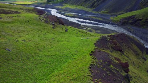 Sheep Grazing On Green Pasture By The Mountain Near River In Iceland. aerial