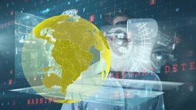 Animation of data processing and globe man wearing vr headset and cyber attack warning. global business, digital interface, technology and networking concept digitally generated video. - Powered by Shutterstock - Get 15% off with code: PIKWIZARD15