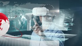 Animation of globe over human brain, man wearing vr headset and data processing. global data processing, digital interface, technology and networking concept digitally generated video.