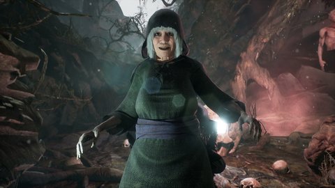 A spooky and funny witch tries to scare her new victim in a scary nightmare forest. Halloween Horror Concepts. The animation is perfect for Halloween, horror or apocalypse backgrounds. 3D rendering.