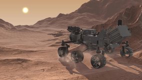 Perseverance rover roaming and exploring the surface of Mars. Animation of Percy making experiments in a mission on Mars at sunset. Elements of this video furnished by NASA
