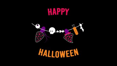 Happy Halloween Words Letters Text with Eyeball, Mushrooms, Skull, Severed Thumb, Bat Hanging on the Rope. Halloween Typography Isolated on Dark Background. 4K Ultra HD Video Motion Graphic Animation.
