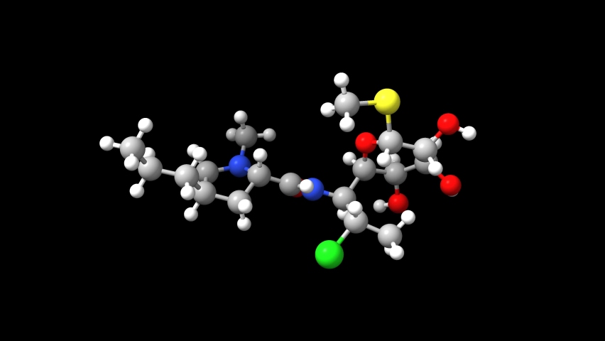 Animated 3D ball-and-stick and spacefill models of antibiotic clindamycin, black background Royalty-Free Stock Footage #1080742334