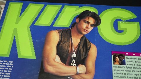 Rome, Italy - October 14, 2021, detail of the cover of King magazine, now out of print. The magazine is from October 1991 featuring a young Brad Pitt.