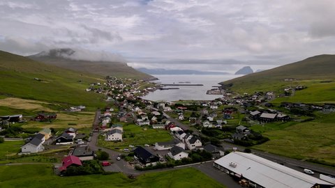 Beautiful aerial view of the small town near the cost in the Faroe Island