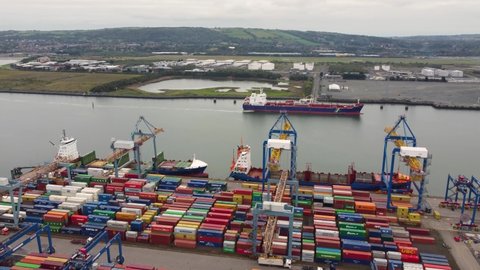 Aerial video of JORK RULER and BG RUBY unloading Containers by Crane working at Container Terminals Belfast Dockyard Northern Ireland 10-10-21