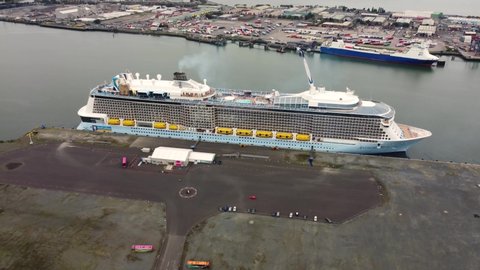 Aerial video of ANTHEM OF THE SEAS the Rryal Caribbean Cruise Ship moored at Belfast Harbour Northern Ireland 10-10-21