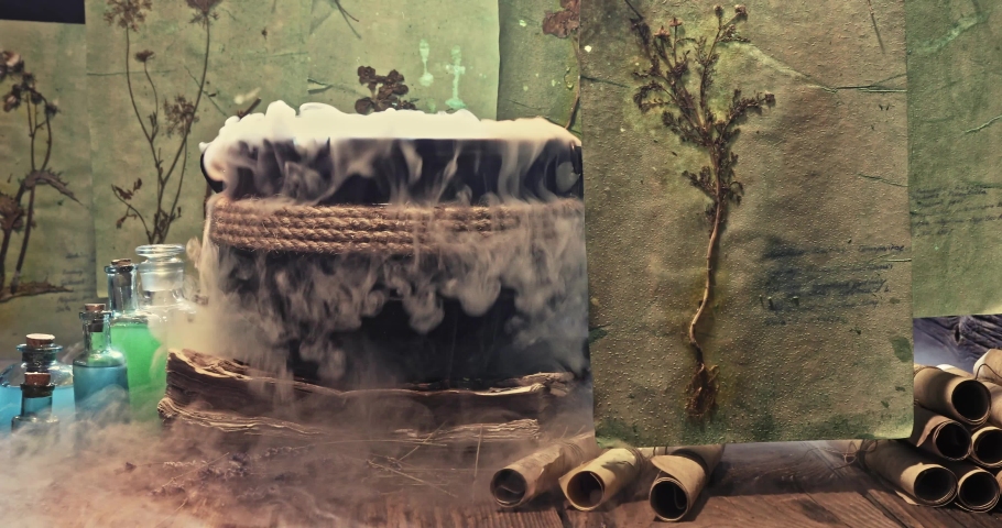Smoking halloween witcher cauldron. Books and scrolls in the herbalist's workshop. | Shutterstock HD Video #1080751616