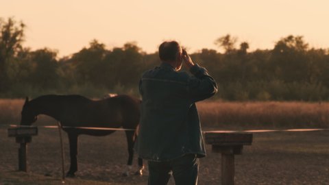 Back view of senior male throwing away straw hat and stretching out arms while standing near paddock with horse and enjoying freedom in summer on farm