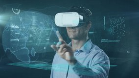 Animation of data processing and globe man wearing vr headset and human brain spinning. global business, digital interface, technology and networking concept digitally generated video.