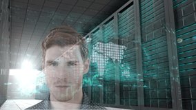 Animation of data processing over businessman and computer servers. global business, connections and data processing concept digitally generated video.