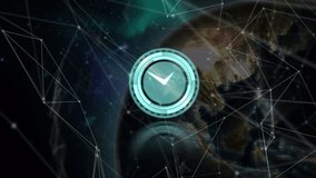 Neon digital clock ticking and network of connections against spinning globe. global networking and technology concept - Powered by Shutterstock - Get 15% off with code: PIKWIZARD15