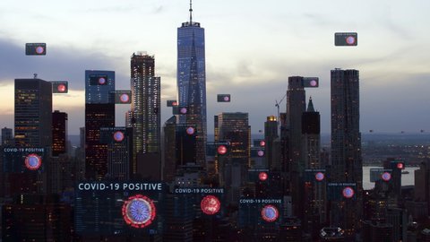 Aerial view of Manhattan Skyline with augmented reality interfaces showing Covid 19 positive tests. Animation of Coronavirus model rotating, virus detected.