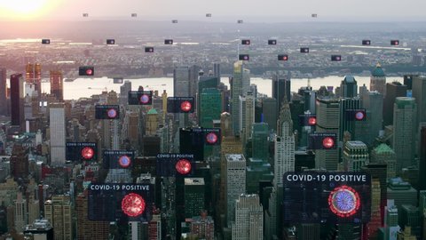 Futuristic view of New York city with augmented reality elements. Covid 19 model rotating, positive test results. Coronavirus detected. Financial District.