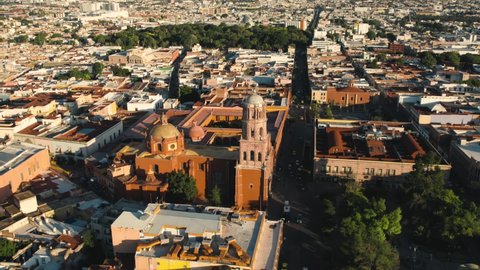 Beautiful sunset in the historic center of the city of Querétaro, shot with drone