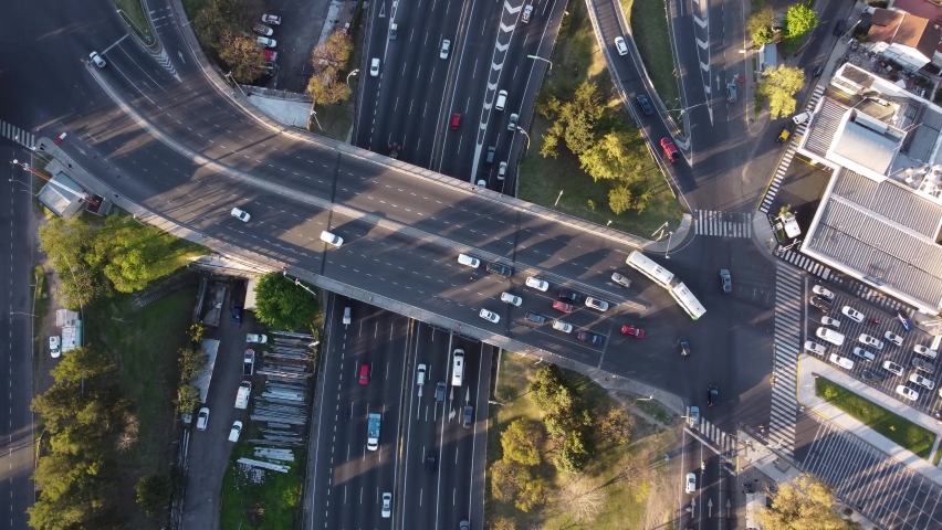 Junction over Pan-Americana Highway in Buenos Aires, Argentine. Aerial top-down rising