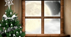 Santa claus and reindeer flying over moon, window view. christmas, winter, tradition and celebration concept digitally generated video.