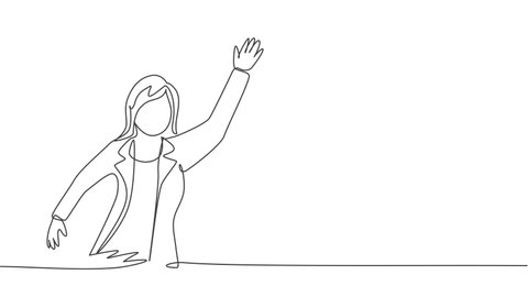 Animated self drawing of continuous one line draw young female worker waving her hand to greet colleague. Success business manager. Metaphor minimalist concept. Full length single line animation.