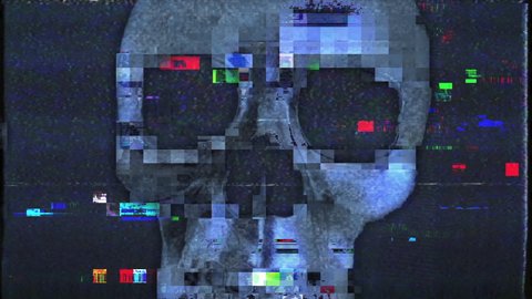 Human Skull Zoom on Digital Old TV Screen, Seamless Loop Glitch Noise Pixel Interference Animation. Dynamic Retro Colorful Vintage Transition, Perfect for Halloween Videos, Horror, and Thrillers.