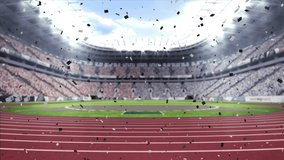 Animation of confetti falling over sport stadium. sports, celebration and competition concept digitally generated video.