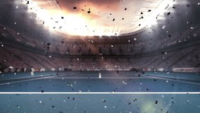 Animation of confetti falling over sports stadium. sports, celebration and competition concept digitally generated video.