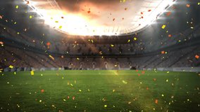 Animation of confetti falling over sports stadium. sports, celebration and competition concept digitally generated video.