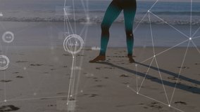 Animation of network of connections and data processing over woman practicing yoga on beach. global sports, wellbeing, connections and data processing concept digitally generated video.