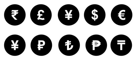 set of world currency symbols in the form of black coins with signs: dollar, euro, pound, franc, ruble, yen, rupee, yuan isolated on white background. Financial logos.
