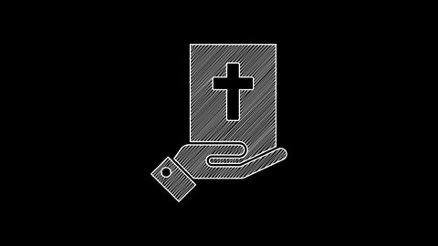White line Oath on the Holy Bible icon isolated on black background. The procedure in court. Truth and truth. Promise before god. 4K Video motion graphic animation.