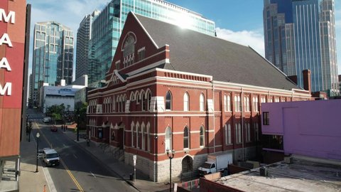 nashville , Tennessee , United States - 10 11 2021: fast aerial push into the ryman auditorium in nashville tennessee