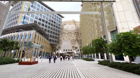 Dubai , United Arab Emirates - 10 04 2021: Walking Towards Al Wasl Dome With Stunning Architectural Design At The Dubai Expo 2020 In UAE