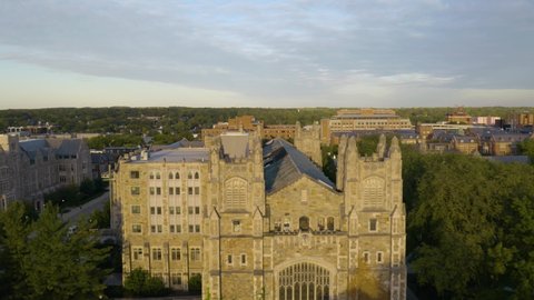 Ann Arbor , Michigan , United States - 09 25 2021: University of Michigan Law School, Cinematic Aerial Establishing Shot