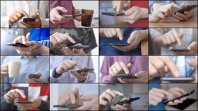 Men in different situations texting or typing message on smartphones. They using cell phones and smart phones. Technology and communication concept. 8K UltraHD (UHD) video