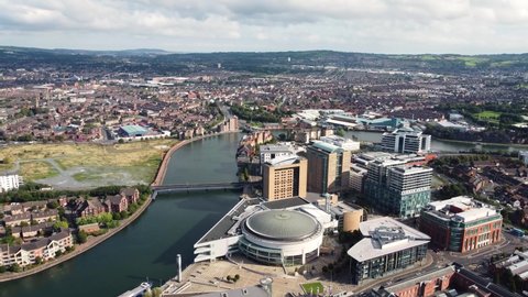 Aerial view of The Waterfront Hall and Hilton Hotel and Resort Belfast Northern Ireland 09-09-21