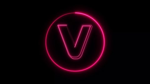 Animated pink neon letter V on a black background.  Glowing neon line in a circular path around the uppercase alphabet.
