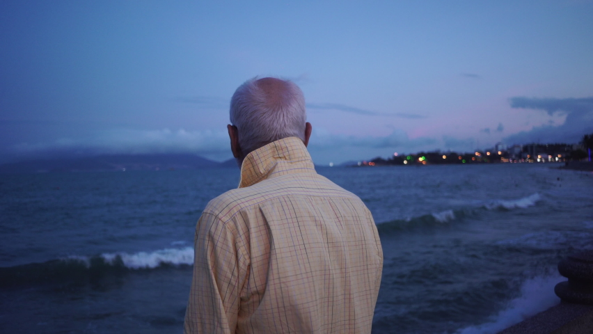 Old man with glasses in checkered shirt looks at sea waves rolling on beach against distant illuminated coast in windy evening back view Royalty-Free Stock Footage #1080808613