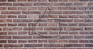 Animation of flickering neon thumbs up icon on brick wall. social media and communication concept digitally generated video.