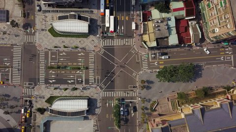 taiwan sunny day taipei cityscape traffic street crossroad aerial down view 4k