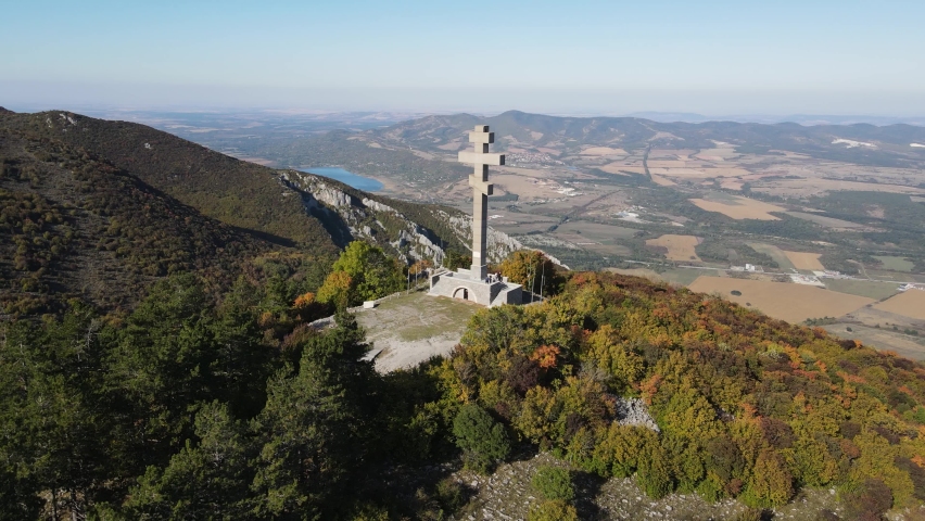 Aerial view of Cross at Okolchica peak built as obeisance to Bulgarian revolutionary and national hero Hristo Botev, Bulgaria
