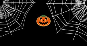 White spider web at black screen corners. Pumpkin lantern approaches and recedes. Lantern turns on and off. Orange squash with carved smile. Happy Halloween animated purple text. Typing effect.