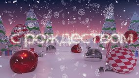 Merry christmas in russian text and snow falling over christmas decorations on winter landscape. christmas festivity and celebration concept - Powered by Shutterstock - Get 15% off with code: PIKWIZARD15