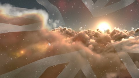 Animation of union jack flag of great britain waving over sunset and clouds with falling snowflakes. patriotism, independence and community concept digitally generated video.