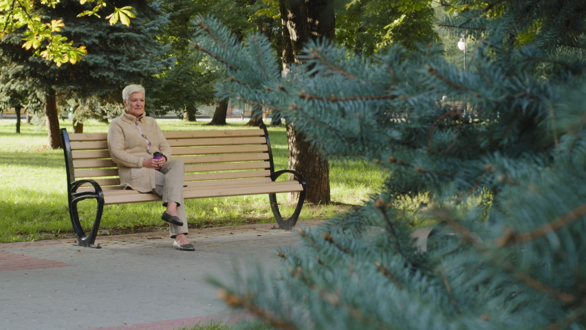 Relaxed gray-haired elderly grandmother sitting on park bench in casual warm clothes on sunny day in cool weather. Elegant attractive mature adult woman of retirement age enjoying free time outdoors Royalty-Free Stock Footage #1080831131