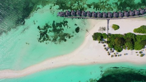 Aerial view, flight at Kuredu Island  with beaches and Palmtrees, Lhaviyani Atoll, Maldives, Indian Ocean, Asia