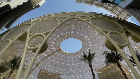 Dubai, United Arab Emirates - October 2021: Panning shot looking up inside the Al Wasl dome at Expo 2020