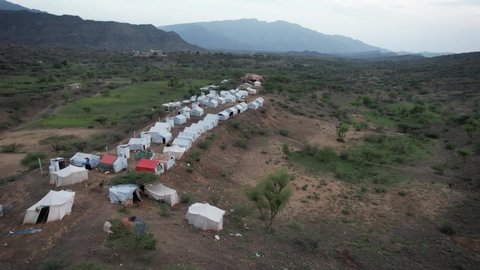 Taiz, Yemen- 08 Oct  2021 : Aerial photography of camps for displaced people fleeing the war in Yemen, Taiz
