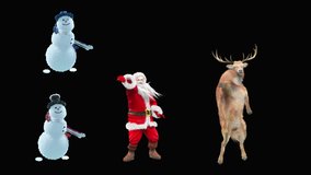 Merry christmas and happy new year, 3d rendering, Snowman, Deer,  santa claus Dancing, Animation Loop, cartoon,Included in the end of the clip with Alpha matte.