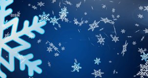 Animation of falling snowflakes on blue background. christmas, tradition and celebration concept digitally generated video.