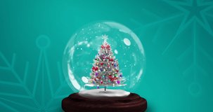 Animation of falling snowflakes over christmas snow globe. christmas, tradition and celebration concept digitally generated video.